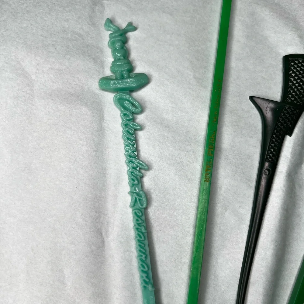 Vintage MCM Set of 6 Green Swizzle Sticks, Midcentury, Hipocampo Nightclub, bar